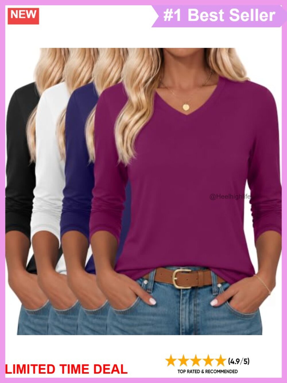 Women's 3/4 Sleeve V-Neck Tunic Tops 4 Pack Cotton Spandex Tees